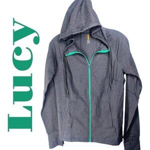 LUCY‎ Full Zip Stretchy Hooded Track Jacket Gray Green, Size Medium